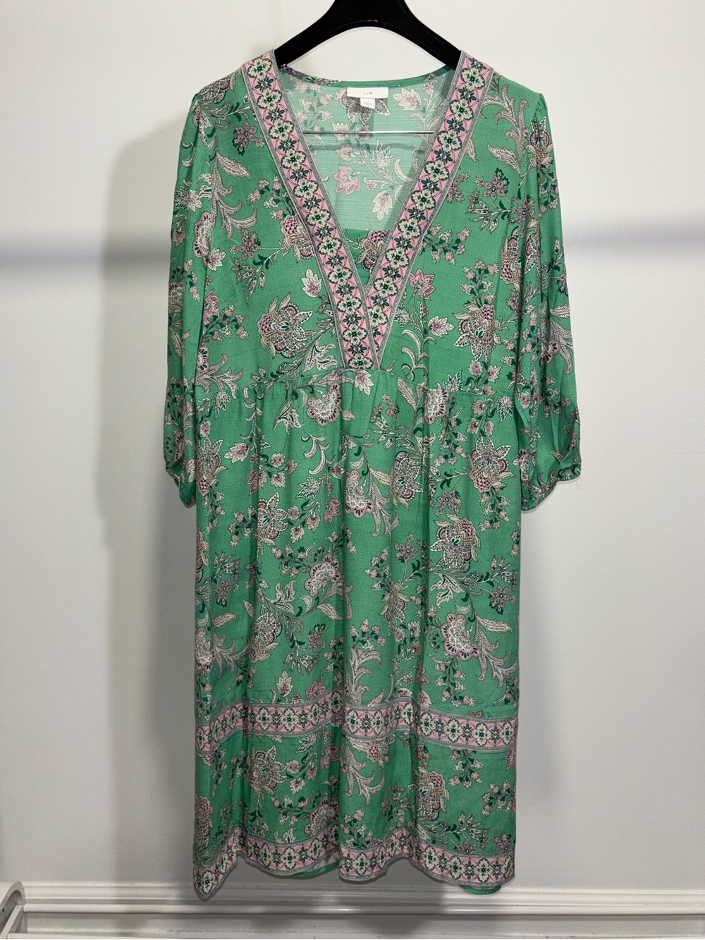 J. Jill Green Floral Woven V-Neck 3/4 Sleeve A-Line Relaxed Fit Dress XS